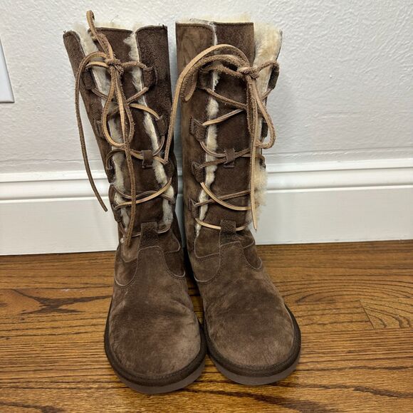 UGG Whitley Tall Brown Suede Boots Lace Up Sheepskin Wool Lining Size 7 Clean - Picture 8 of 9